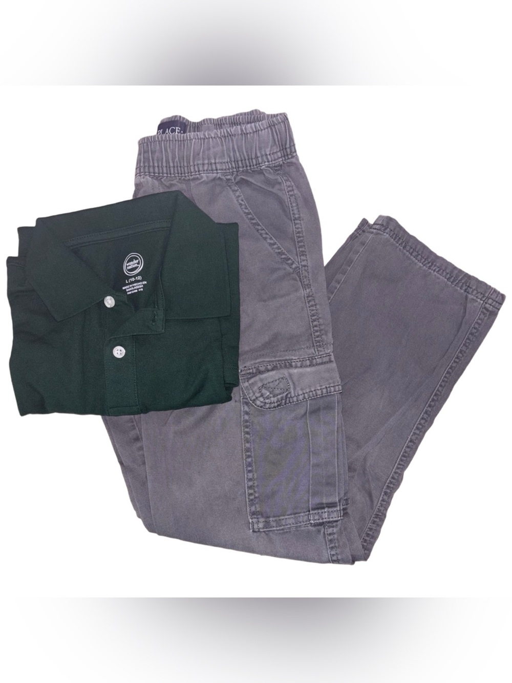 Boys Outfit Size Large 10-12 Cargo Pants Grey & Collar Short-Sleeve Shirt Green